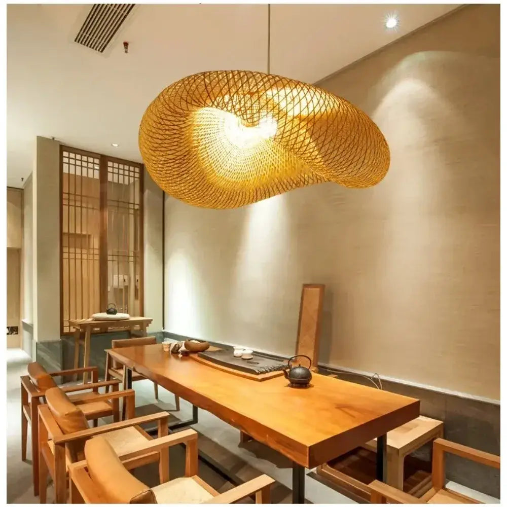 Vintage golden bamboo woven led pendant light with warm glowing center for dining room or living room lighting