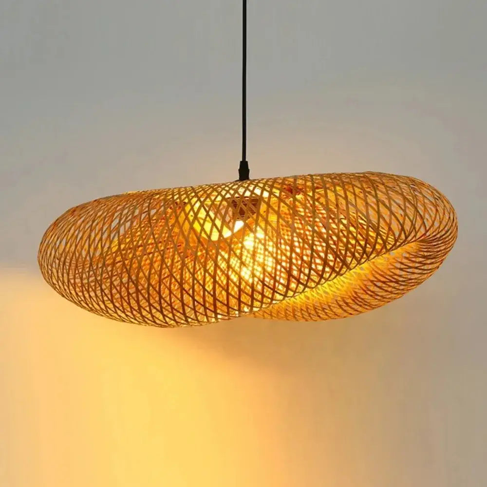 Warm-toned oval led pendant light made of golden bamboo with lattice design for dining room or living room use