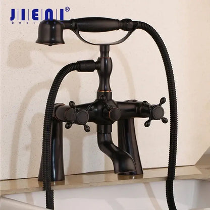 Black antique brass bathtub faucet with three cross-handle knobs and handheld floral handshower for decorbites golden bathtub decor
