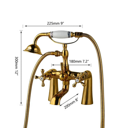 Vintage decorbites golden bathtub faucet with white ceramic handle featuring blue floral detail and cross handles marked h and c