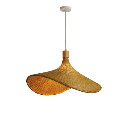 A woven golden brown bamboo wicker chandelier with a flared asymmetrical design and wooden accents for dining room