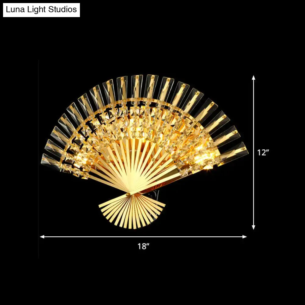 Vintage golden fan sconce lamp with golden fan shaped metal ribs and clear crystals for living room wall light