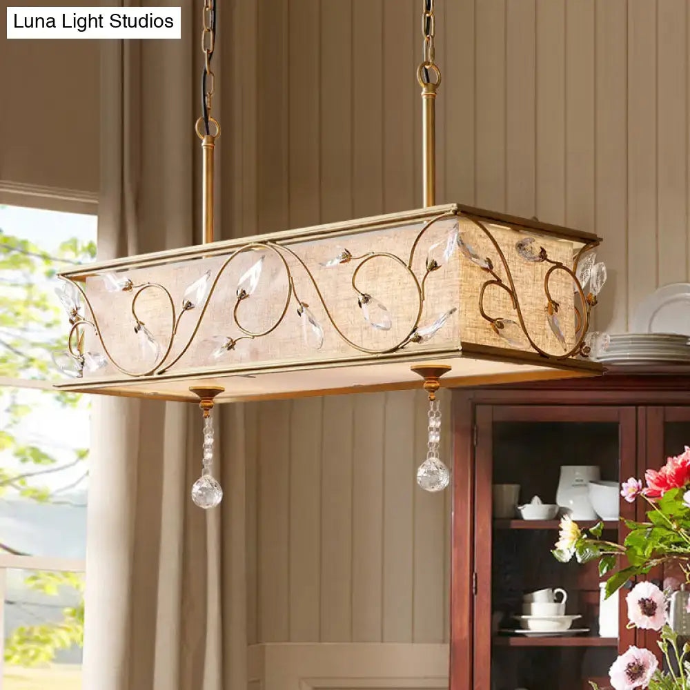 Vintage golden flax island pendant kitchen light with a rectangular brass chandelier featuring crystal floral accents and teardrops