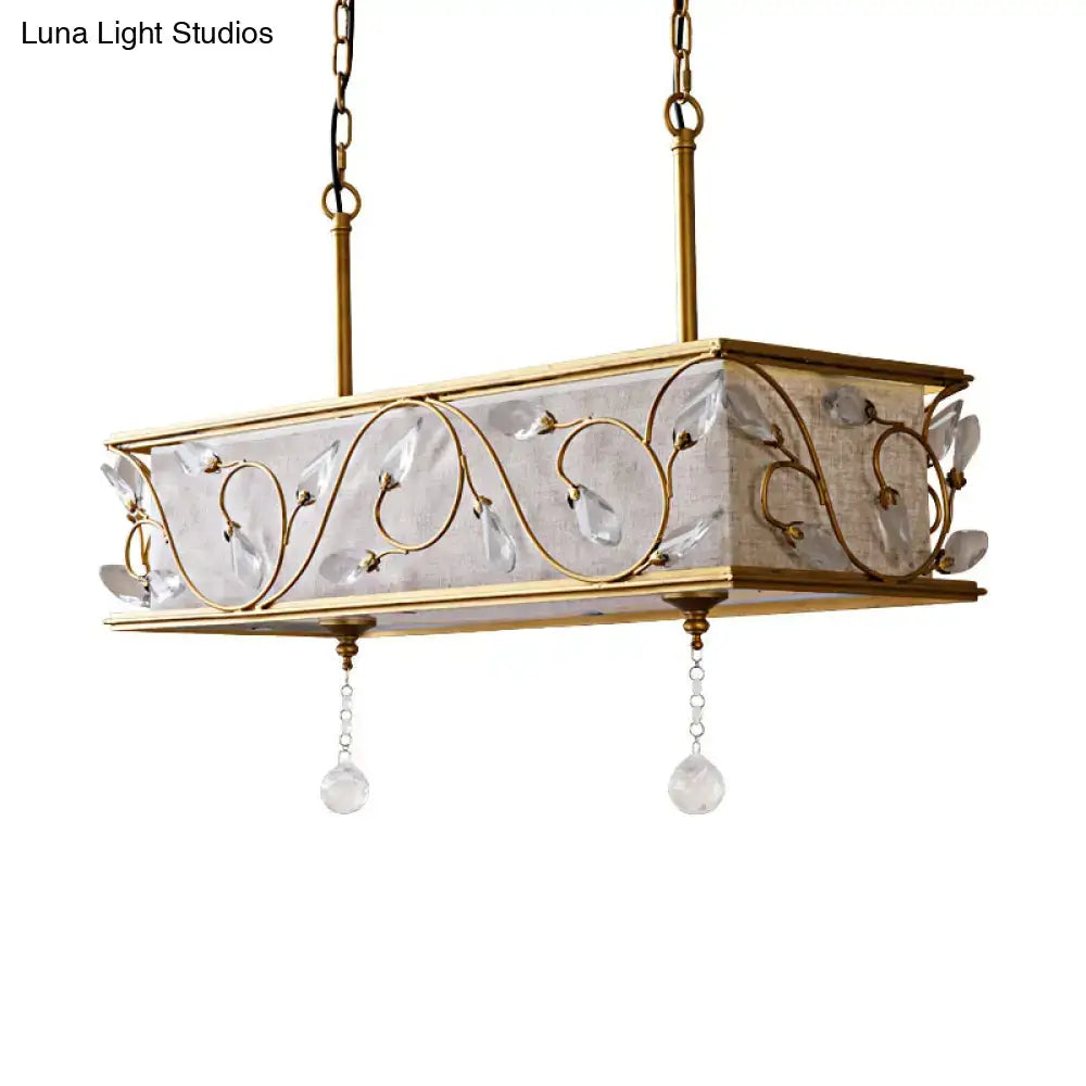 Vintage golden flax island pendant kitchen light with gold-toned rectangular chandelier and clear crystal leaves and droplets