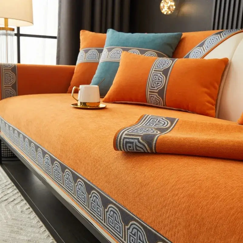 Orange velvet sofa cover with decorative gray and teal geometric border for vintage gray chenille living room sofa