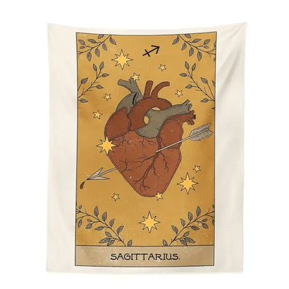 Vintage green and beige decorbites constellation tarot tapestry with anatomical heart and starry golden background