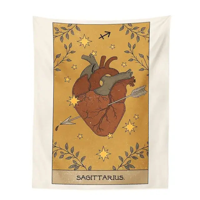 Vintage green and beige decorbites constellation tarot tapestry with anatomical heart and starry golden background