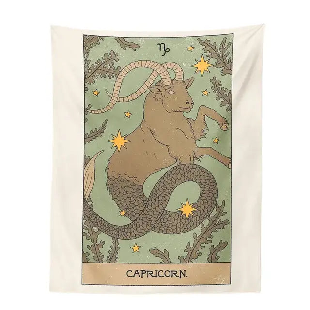 Vintage green and beige decorbites constellation tarot tapestry featuring capricorn goat with fish tail on mint background