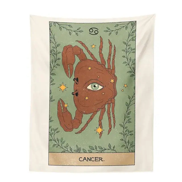 Beige wall tapestry featuring a cancer zodiac crab with gold stars and leafy vines on olive green background decorbites constellation tarot