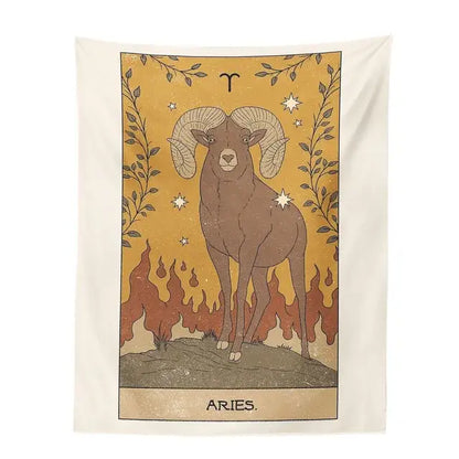 Vintage green and beige aquarius constellation tarot tapestry featuring a detailed aries ram design for decorbites constellation tarot decor