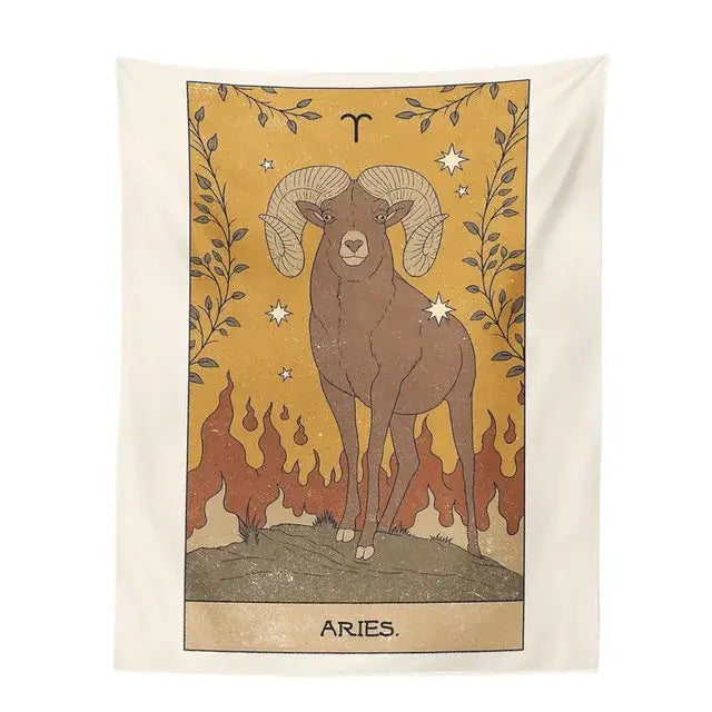 Vintage green and beige aquarius constellation tarot tapestry featuring a detailed aries ram design for decorbites constellation tarot decor