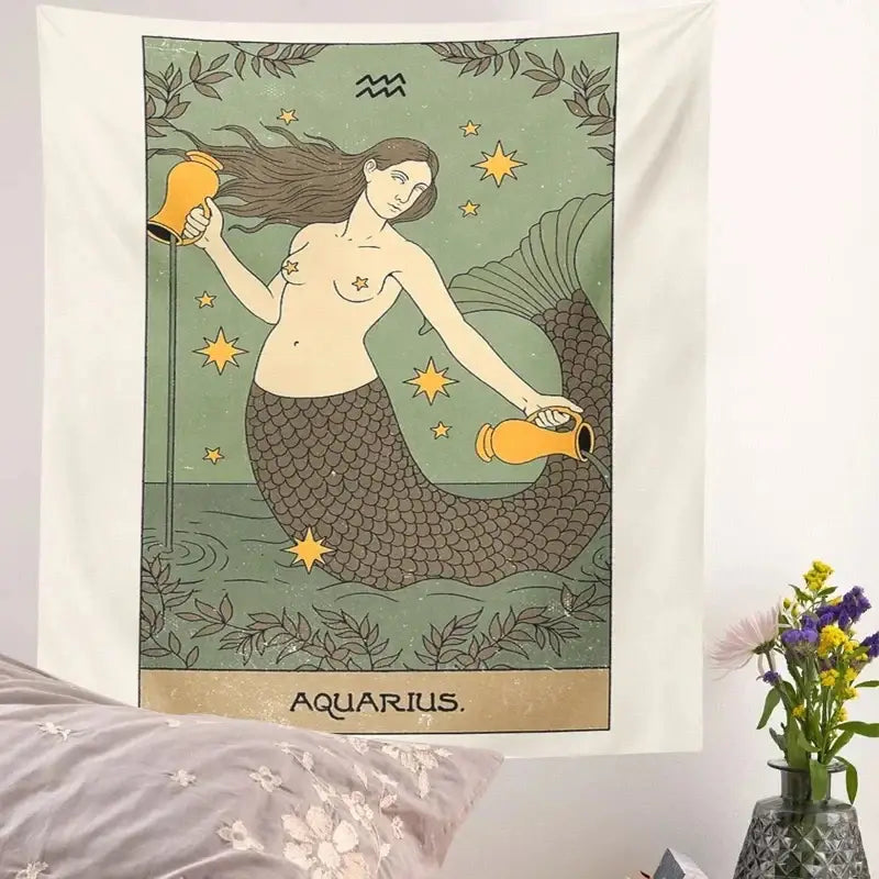 Vintage green and beige aquarius constellation tarot tapestry with mermaid and golden jugs for decorbites constellation tarot decor