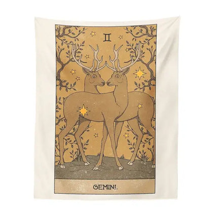 Beige tapestry with vintage deer illustration and ornate gold background for decorbites constellation tarot bedroom decor