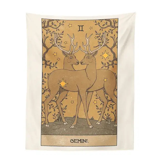 Beige tapestry with vintage deer illustration and ornate gold background for decorbites constellation tarot bedroom decor