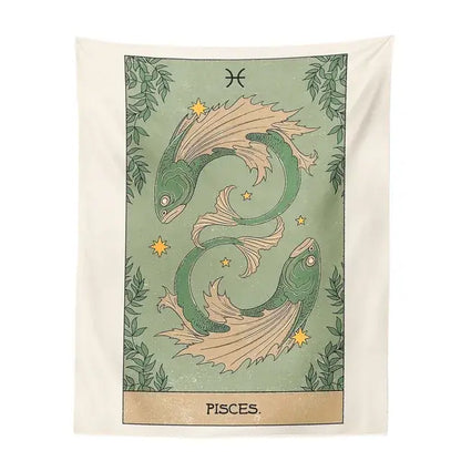Vintage green and beige constellation tarot tapestry featuring intertwined pisces fish with leafy borders for bedroom decorbites constellation tarot