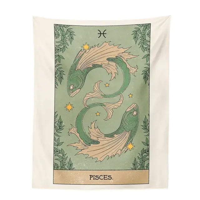 Vintage green and beige constellation tarot tapestry featuring intertwined pisces fish with leafy borders for bedroom decorbites constellation tarot