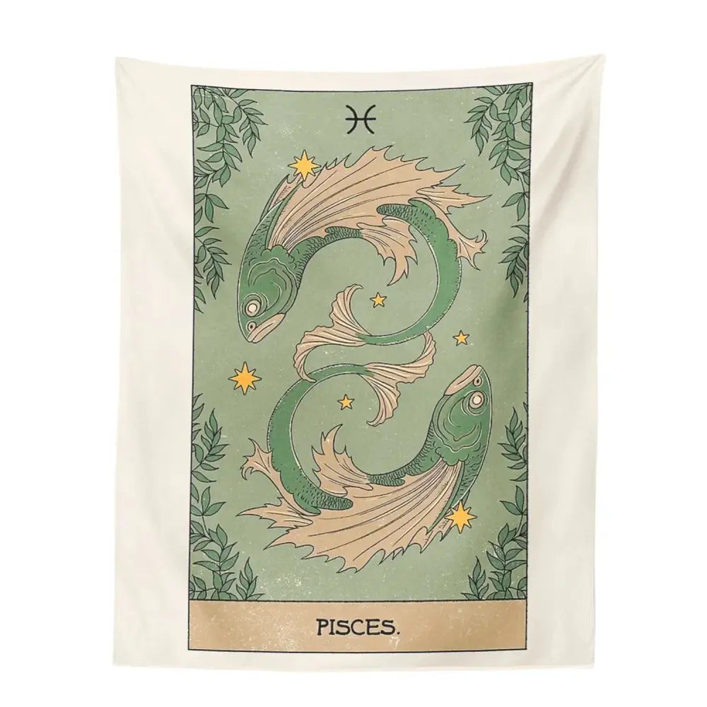 Vintage green and beige pisces constellation tarot tapestry featuring two intertwined fish for decorbites constellation tarot decor