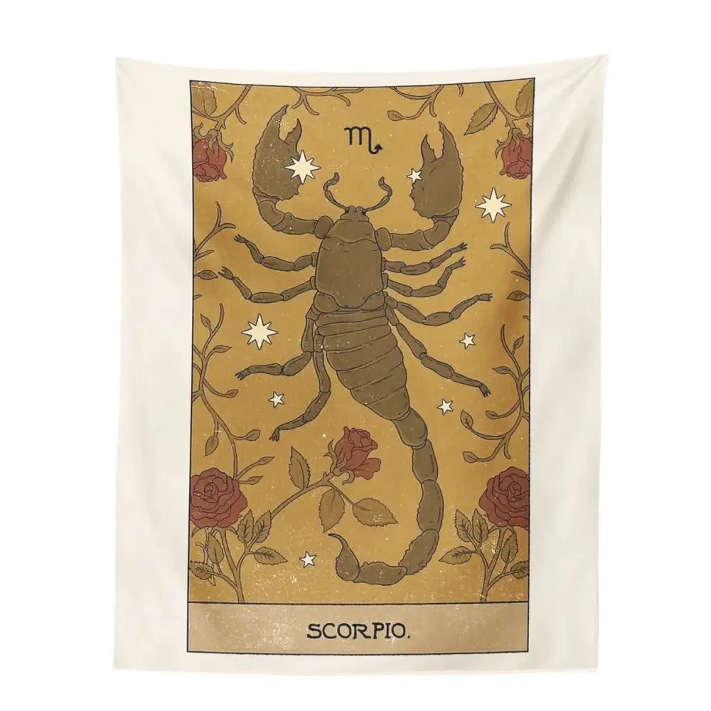 Beige wall tapestry with scorpio zodiac illustration in earthy brown on aged gold background for decorbites constellation tarot decor