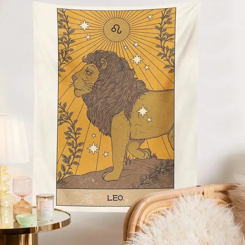 Cream-colored tapestry with a golden lion and leo symbol features decorbites constellation tarot bedroom decor design