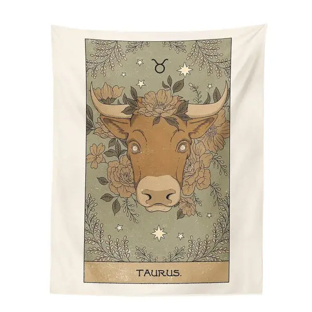 Vintage green and beige taurus constellation tarot tapestry with floral bull design for decorbites constellation tarot decor