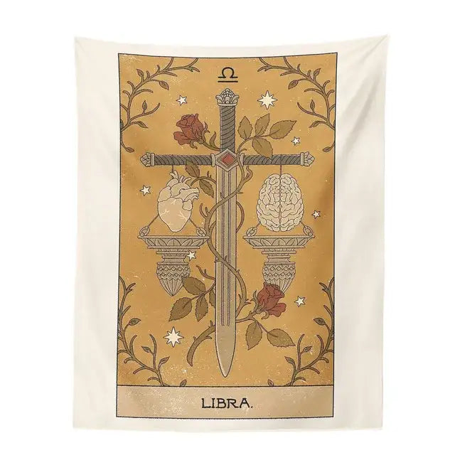 Beige tapestry with detailed libra tarot card illustration in gold brown tones for decorbites constellation tarot decor