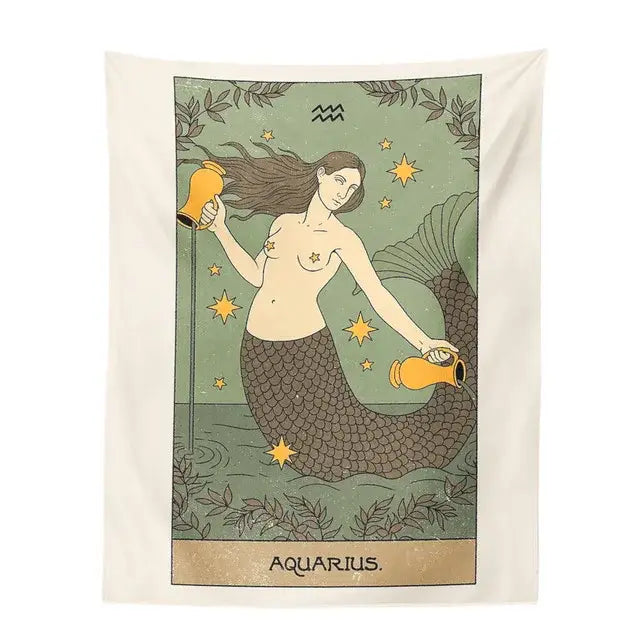 Cream-colored vintage green and beige aquarius constellation tarot tapestry featuring decorbites constellation design for bedroom decor