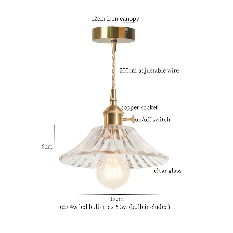 Vintage green brass glass led pendant light with clear glass shade, brass canopy, and adjustable wire suspension for kitchen