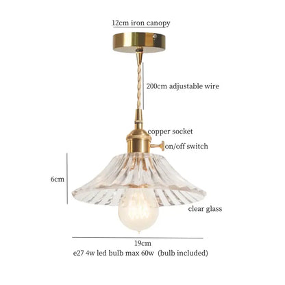 Vintage green brass glass led pendant light with clear glass shade, brass canopy, and adjustable wire suspension for kitchen
