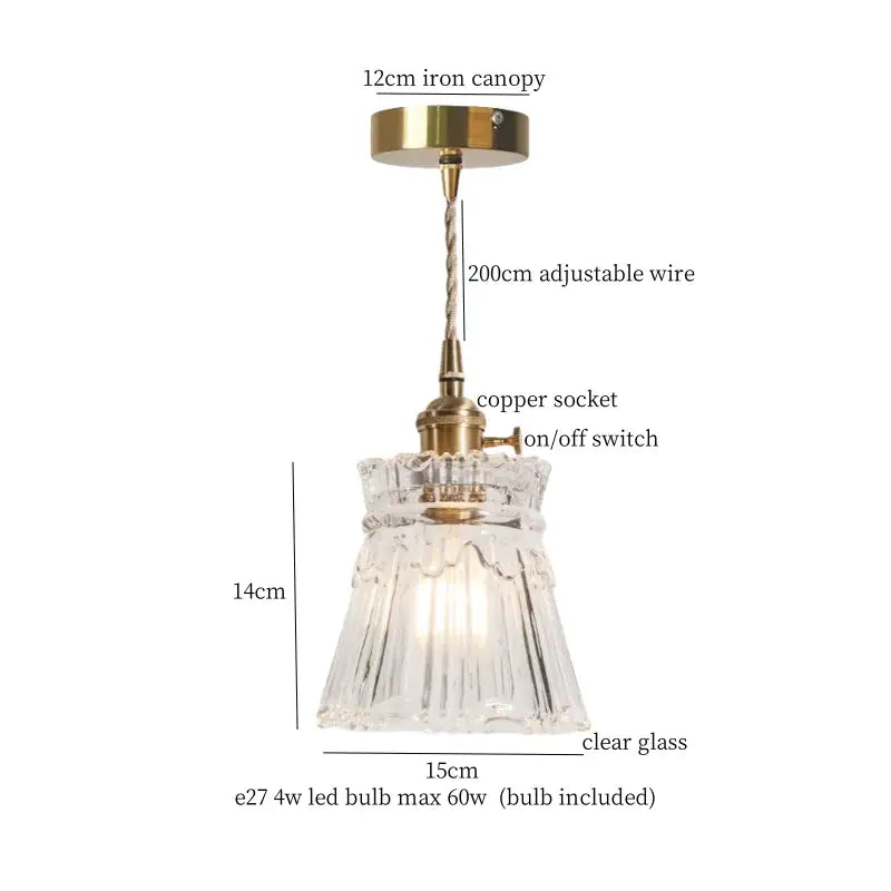 A clear glass pendant light with fluted texture and brass-finished metal components for vintage green brass glass led lighting