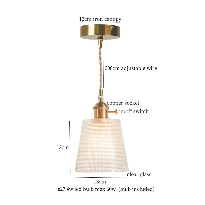 Vintage green brass glass led pendant light with brass-finished iron canopy and clear ridged glass shade for kitchen use