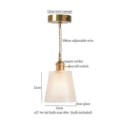 Vintage green brass glass led pendant light with brass-finished iron canopy and clear ridged glass shade for kitchen use
