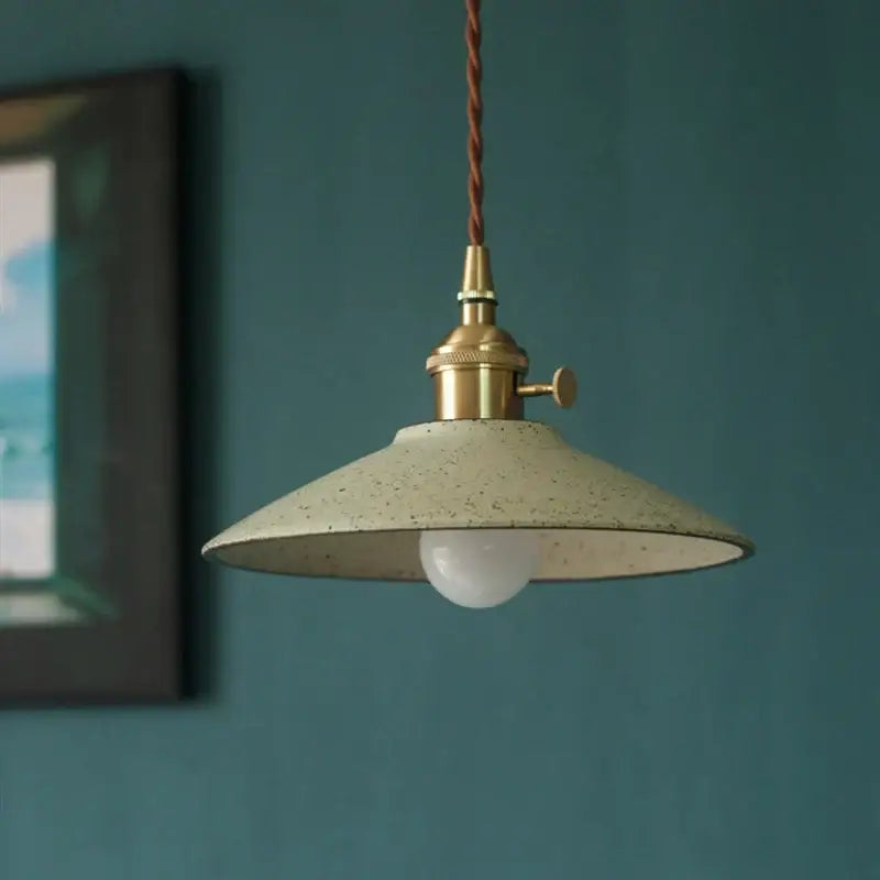 Vintage green ceramic led pendant lamp with speckled off-white shade brass hardware and twisted cord for dining room decorbites ceramic led pendant