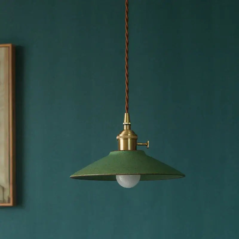 Vintage green ceramic led pendant lamp with brass fixture and twisted cord for dining room decorbites ceramic led pendant