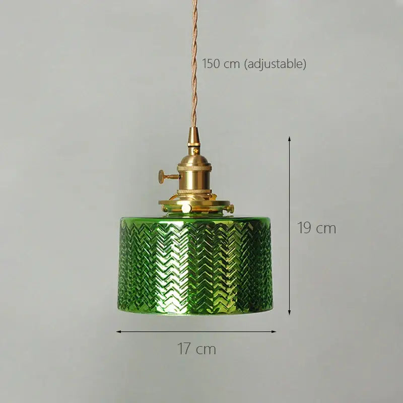 Vintage green and clear glass shade chandelier with textured chevron pattern and brass hardware for dining room pendant