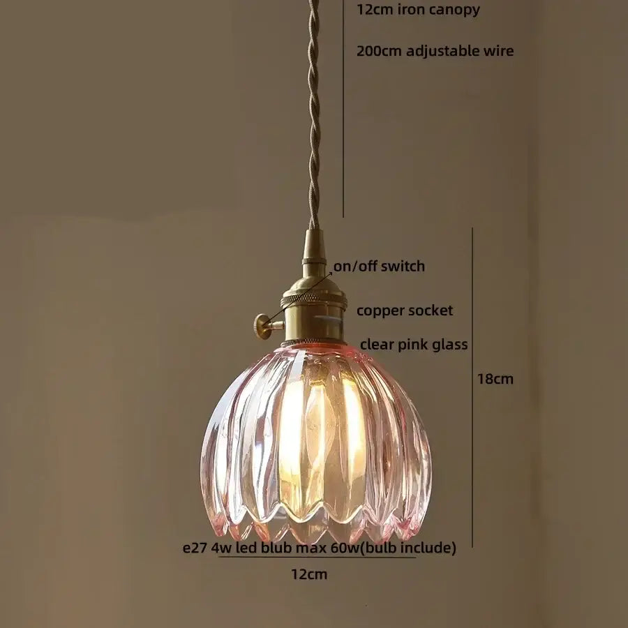 Delicate clear pink glass pendant light with ribbed design and brass fittings for vintage green led pendant light use