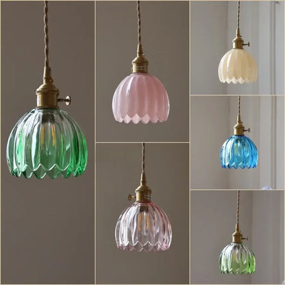 Vintage green led pendant light with pastel scalloped ribbed glass shades and brass fixtures for kitchen use
