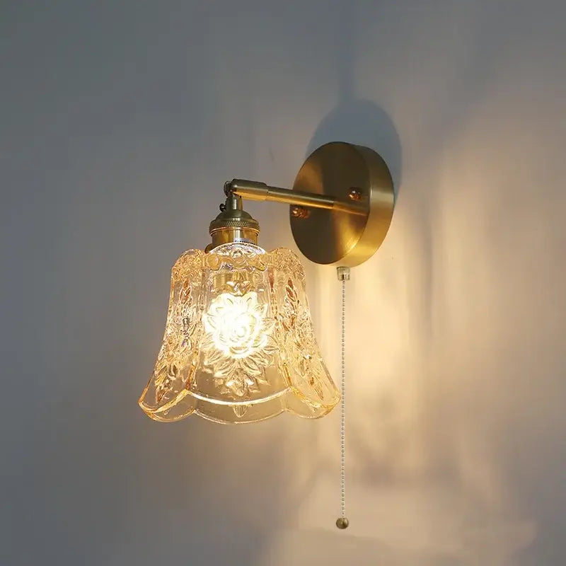 Gold-toned vintage green glass led wall lights with clear etched floral glass led wall sconce and pull chain for bedroom