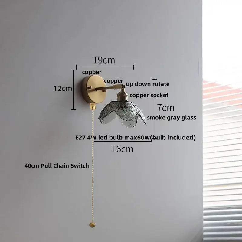 Copper wall sconce with textured smoke gray glass shade and 40cm pull chain switch for vintage green glass led wall use