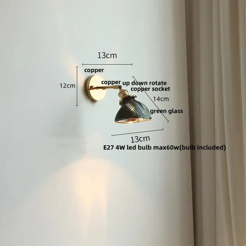 Vintage copper wall sconce with green glass led shade and adjustable brass socket for bedroom or stair lighting