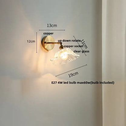 Copper wall sconce with clear glass shade featuring vintage green glass led for bedroom or stair lighting