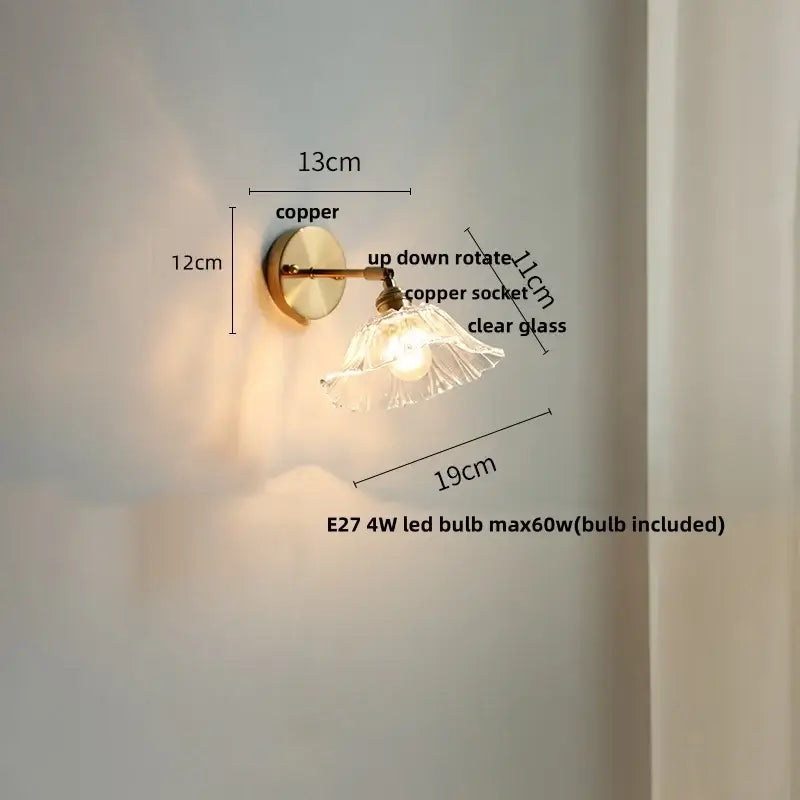 Copper wall sconce with clear glass shade featuring vintage green glass led for bedroom or stair lighting