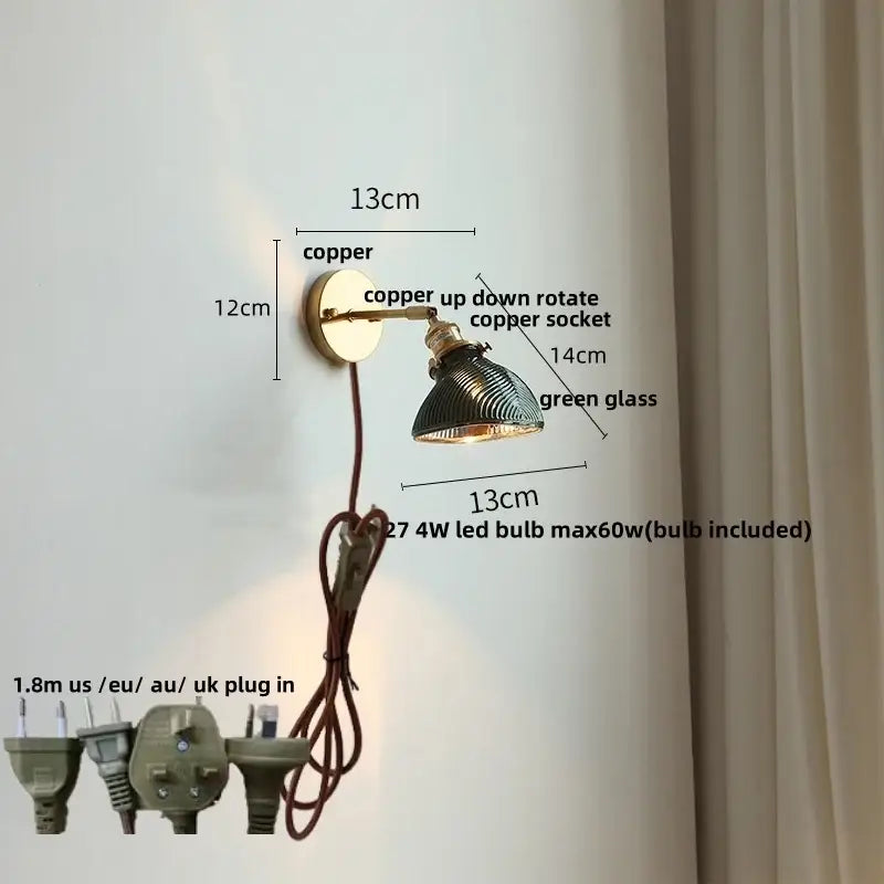 Copper wall sconce with green glass led shade and adjustable brass arm for bedroom or stair lighting
