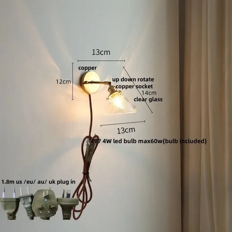 Copper wall sconce with clear glass shade and adjustable socket for vintage green glass led wall bedroom or stair lighting