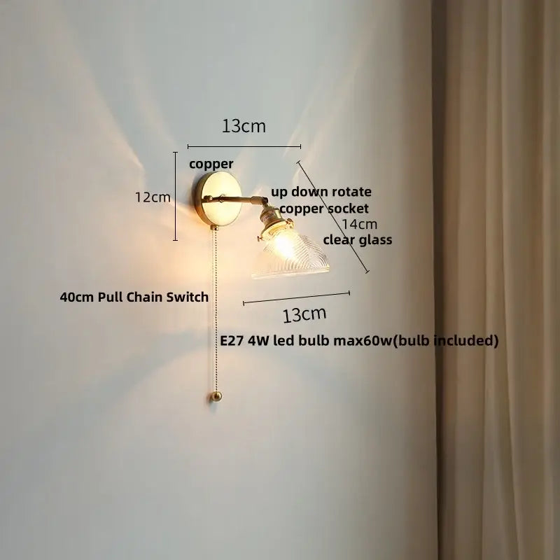 Vintage green glass led wall sconce with copper up-down rotating socket and clear glass shade for bedroom or stair lighting