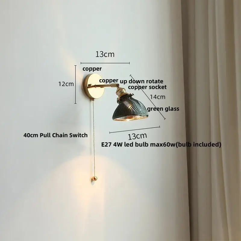 Vintage copper wall sconce with adjustable arm and green glass led shade for bedroom or stair lighting