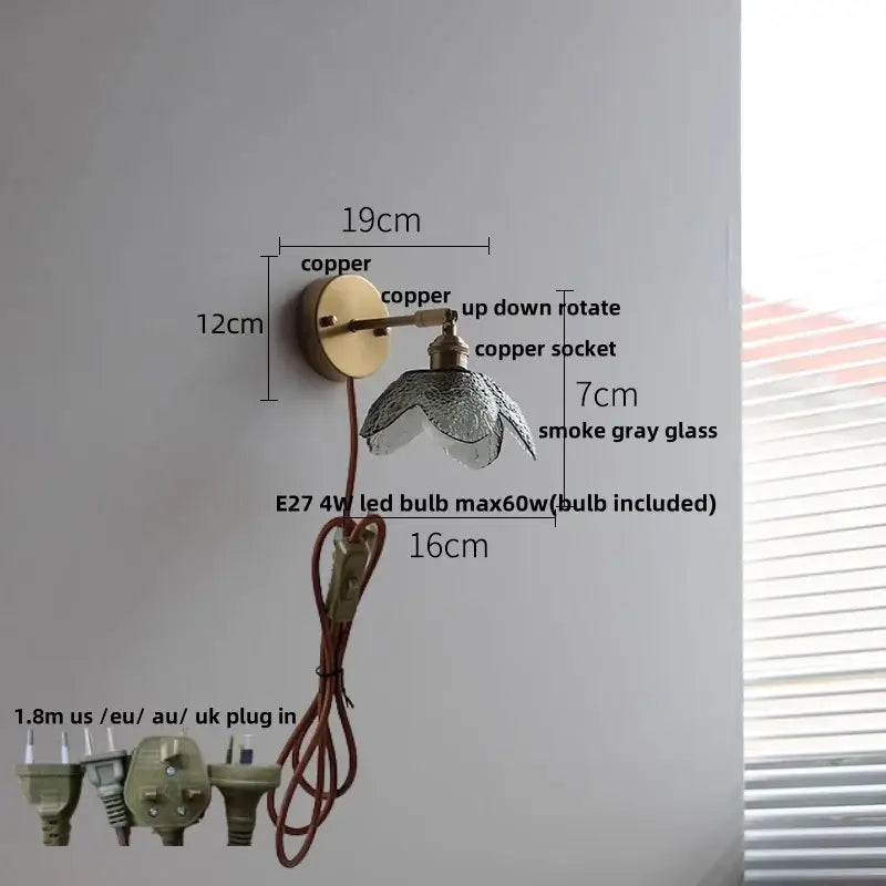 Copper wall sconce with smoke gray glass shade and e27 led bulb for vintage green glass led wall lighting