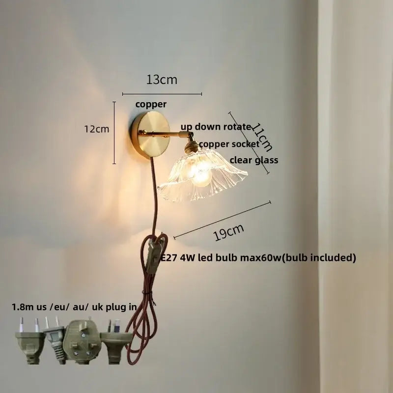 Vintage green glass led wall sconce with copper adjustable arm and clear glass shade for bedroom brass stair light