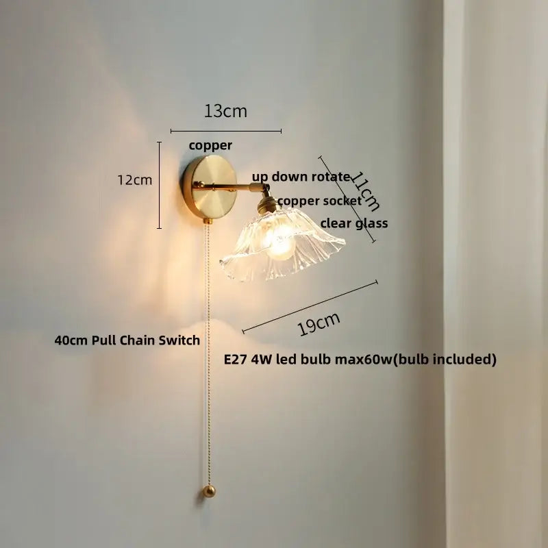 Copper wall sconce with clear glass shade and adjustable arm for vintage green glass led bedroom stair lighting