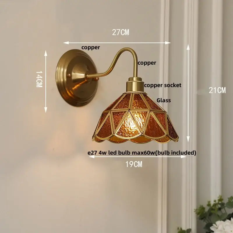 Antique brass wall sconce with geometric amber stained glass shade for vintage green glass led stair lighting