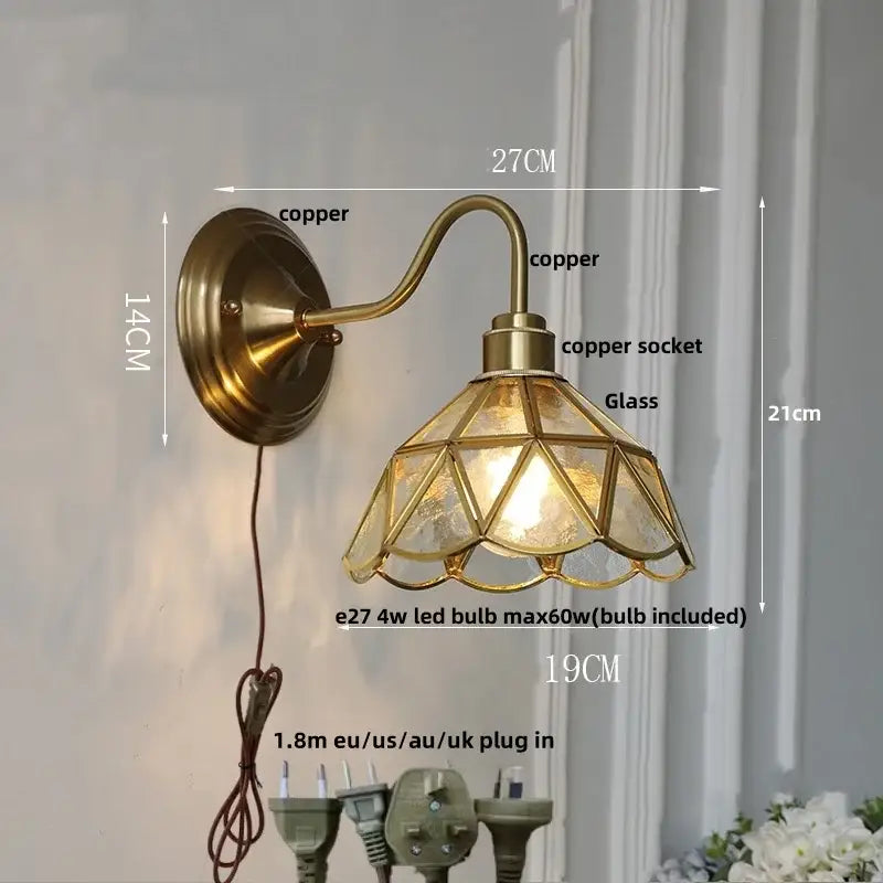 Antique brass copper wall sconce with faceted glass shade for vintage green glass led glass led wall stair light